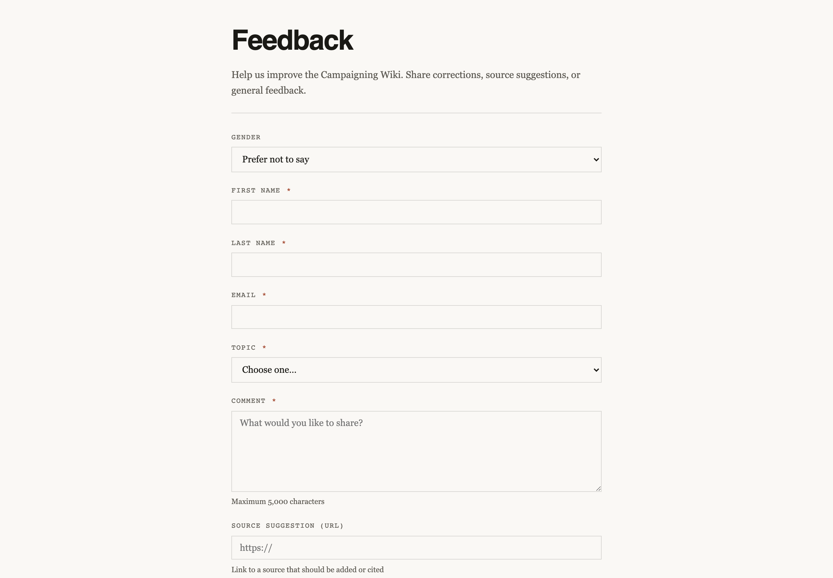 The feedback form: fields for name and email, a topic dropdown, a comment box, and a field for suggesting a source URL.