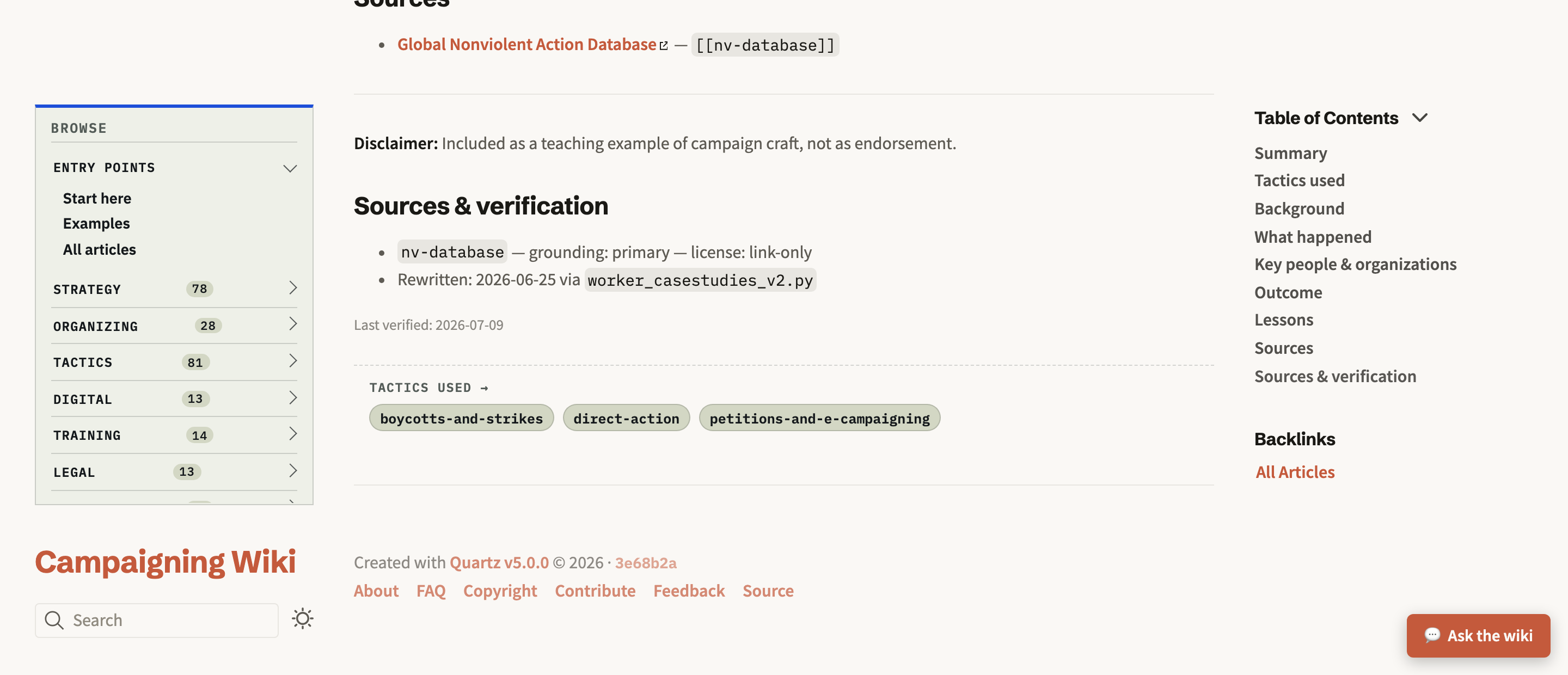 A "Sources & verification" block at the foot of an article: the source named with its grounding type and licence, the script that last rewrote the page, and the date it was last verified.
