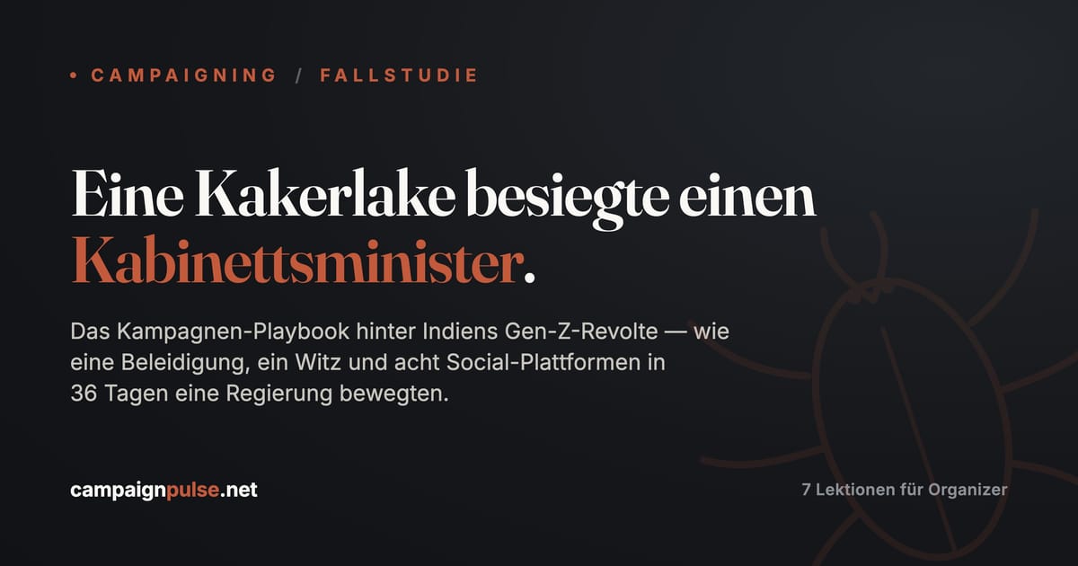 Redaktionelle Titelkarte «Eine Kakerlake besiegte einen Kabinettsminister» mit gezeichneter Kakerlake im CampaignPulse-Stil.