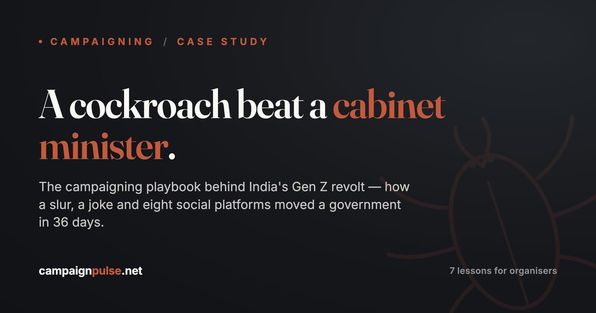 Editorial title card reading 'A cockroach beat a cabinet minister' with a line-drawn cockroach motif, in CampaignPulse styling.