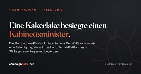 Redaktionelle Titelkarte «Eine Kakerlake besiegte einen Kabinettsminister» mit gezeichneter Kakerlake im CampaignPulse-Stil.