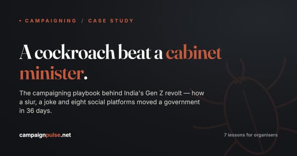 Editorial title card reading 'A cockroach beat a cabinet minister' with a line-drawn cockroach motif, in CampaignPulse styling.