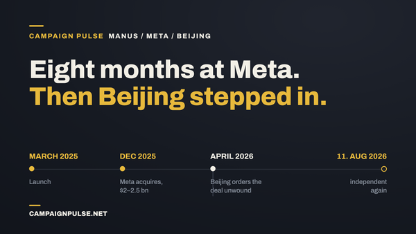 Manus timeline: March 2025 launch, Dec 2025 Meta acquisition ($2–2.5bn), April 2026 Beijing orders the deal unwound, 11 August 2026 independent again.